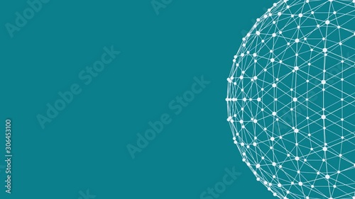 Fast zoom out from inside of sphere. Framing part of sphere in the corner. Then zoom into sphere. Suggesting modern technology, connections, virtual reality. Teal (blue) background. 4K seamless loop
