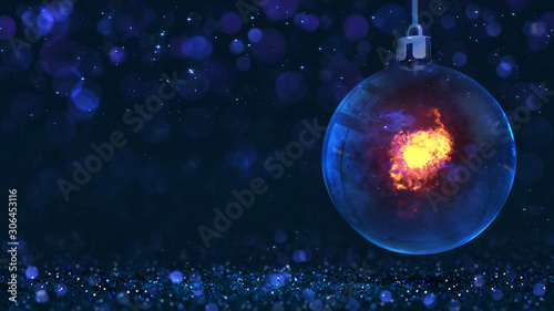 Fototapeta Naklejka Na Ścianę i Meble -  Magic glass orb sphere hanged as christmas classical decoration with burning flame inside. Dark blue 3d background illustration.