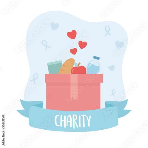 volunteering, help charity cardboard box with food bottle love