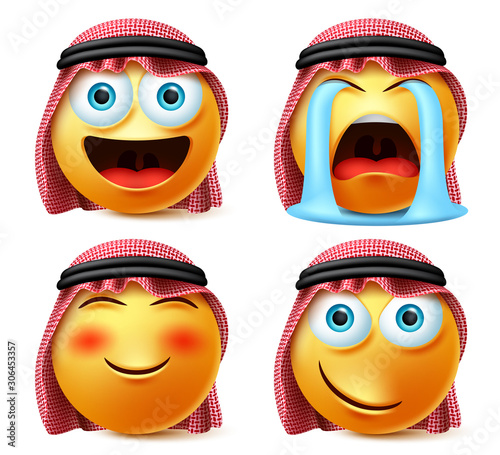 Saudi arab emoji vector set. Emojis and emoticon face head of saudi arabian in crying with tears, blush, naughty facial expression isolated in white background. Vector illustration.