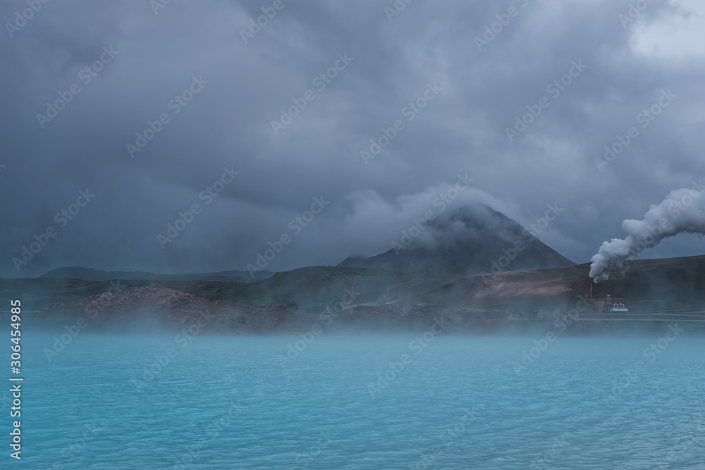 Blue lake. Geothermal region of Hverir in Iceland near Myvatn Lake, Iceland, Europe. September 2019