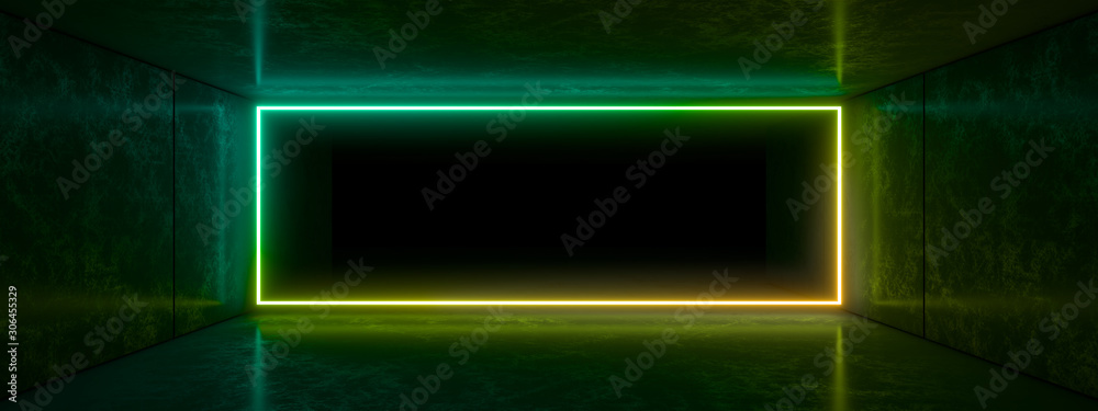 Colored neon lamps in a dark tunnel. 3d rendering image.