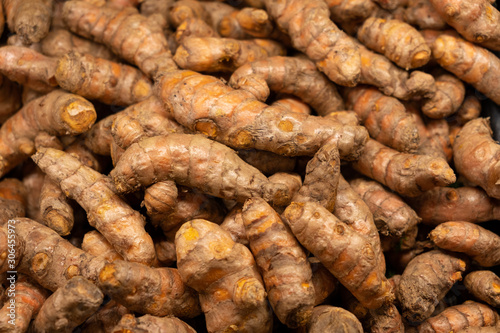 Pile of fresh turmeric roots view from top photo