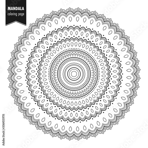 Decorative monochrome ethnic mandala pattern. Anti-stress coloring book page for adults. Hand drawn illustration