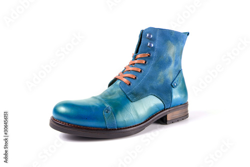 Female blue leather boot on white background, isolated product, top view.