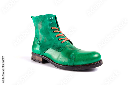 Male green leather boot on white background, isolated product, top view.