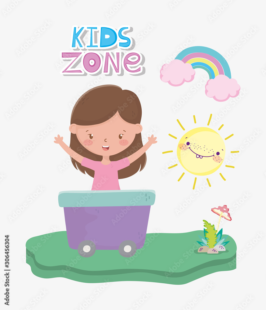kids zone, cute little girl in wagon with rainbow sun and mushroom outdoors kids zone, cute little girl in wagon with rainbow sun and mushroom outdoors