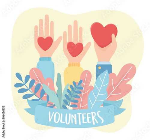 volunteering, help charity raised hands with hearts love leaves
