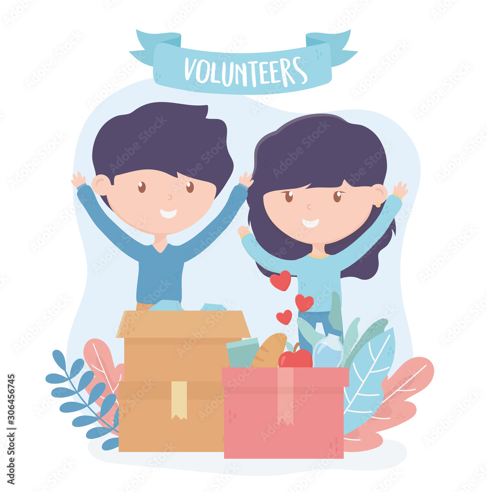 volunteering, help charity boy and girl volunteers with food and clothes donation volunteering, help charity boy and girl volunteers with food and clothes donation