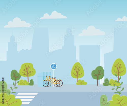 urban ecology parking bicycles transport crossroad street cityscape