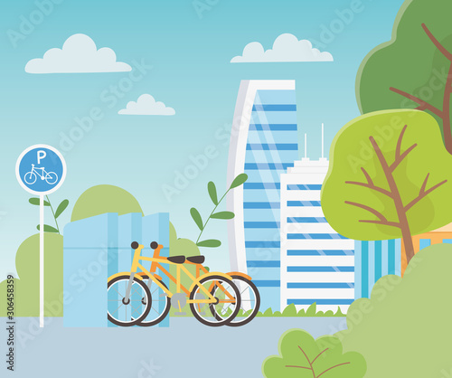 urban ecology parking bicycles transport buildings town trees natural