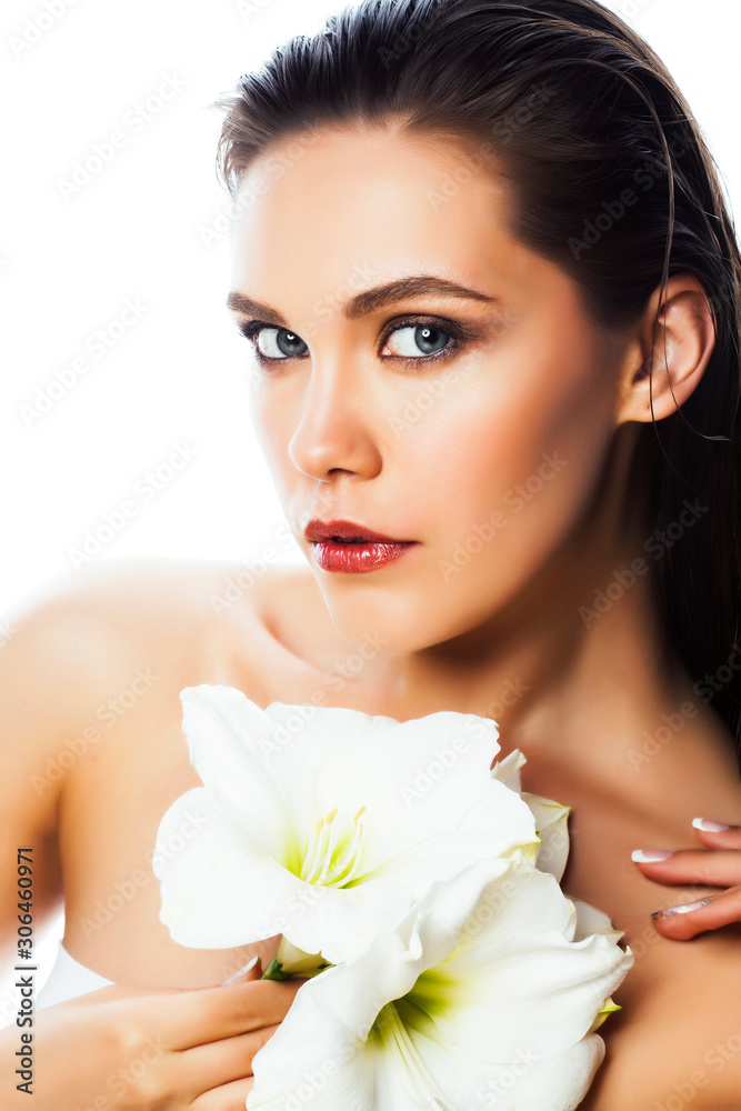 young pretty woman with Amarilis flower close up isolated on white, hands manicure, spa people concept