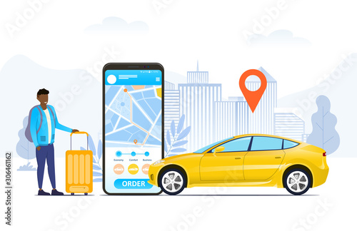Foto Ordering or hailing a ride by car online concept with a traveller standing with