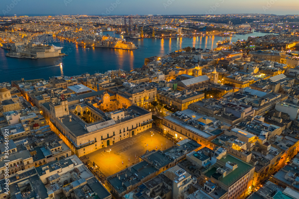 Aerial view of Valletta city - capital of Malta. Main square, sunset, evening