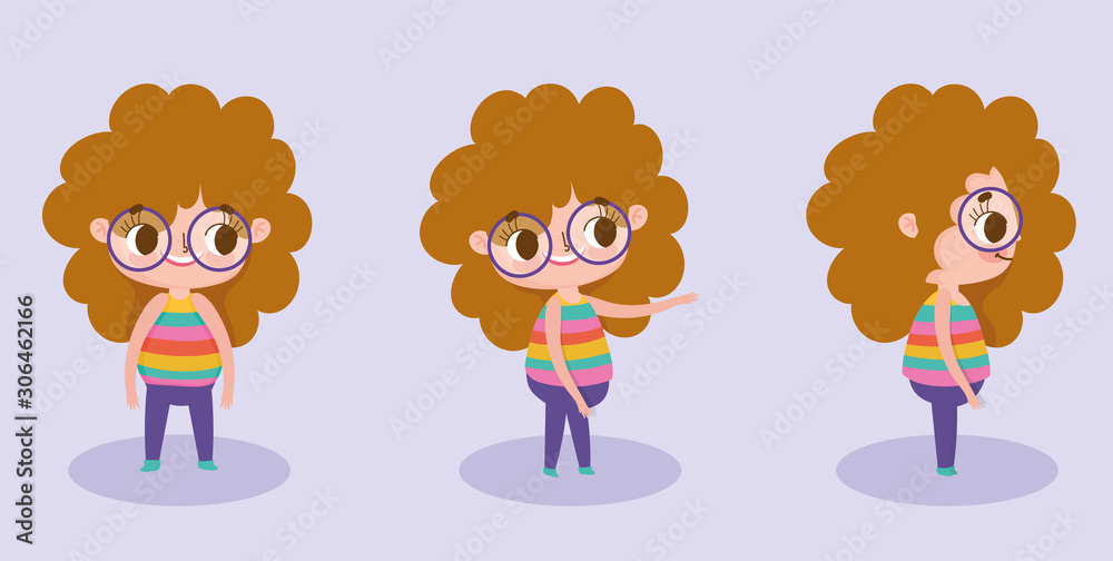 cartoon character animation little girl with curly hair and glasses different posture Stock