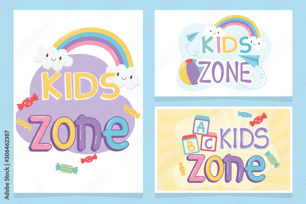 kids zone, inscriptions funny rainbow clouds candy ball cards kids zone, inscriptions funny rainbow clouds candy ball cards