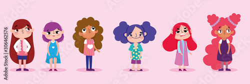 cartoon character animation group little girls with various face gestures