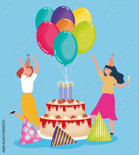 happy birthday, dancing women with cake party hats and balloons celebration event decoration