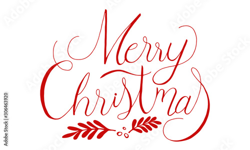 Merry Christmas red text calligraphic lettering on white background.Vector illustration.