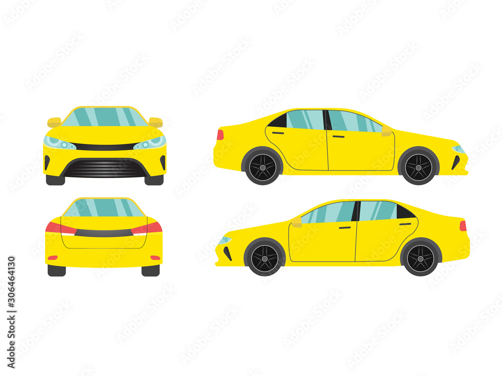 Set of yellow sedan car view on white background,illustration vector,Side, front, back