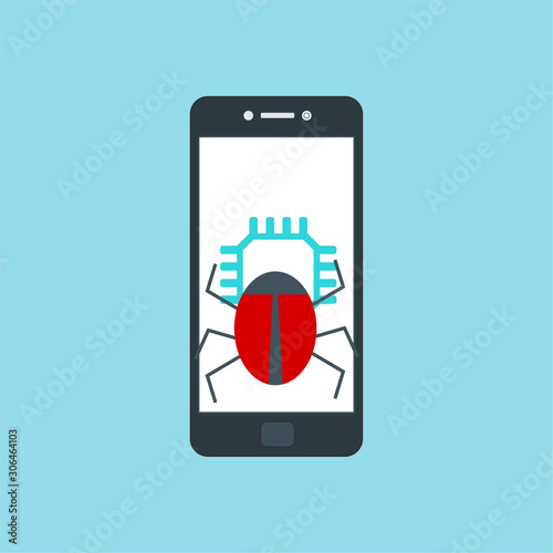 Hacking phishing attack. Flat vector illustration of Virus notification on the smartphone and hack protection system for web banners, web sites, printed materials, etc.
