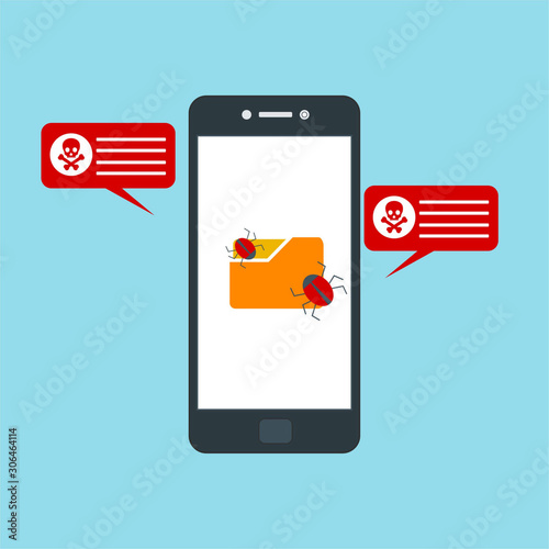 Hacking phishing attack. Flat vector illustration of Virus notification on the smartphone and hack protection system for web banners, web sites, printed materials, etc.