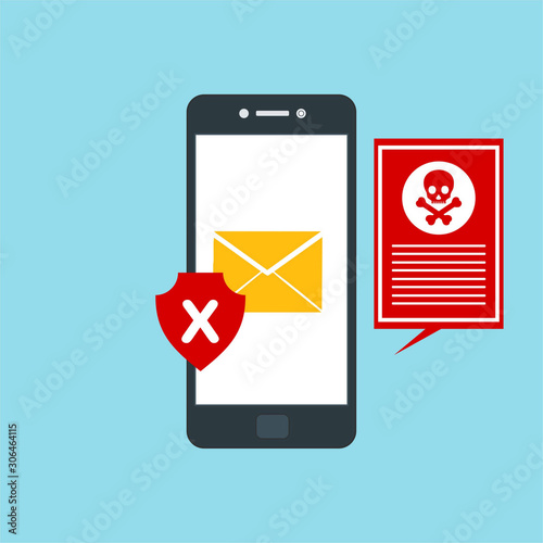 Hacking phishing attack. Flat vector illustration of Virus notification on the smartphone and hack protection system for web banners, web sites, printed materials, etc.
