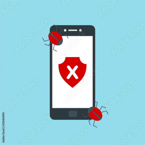 Hacking phishing attack. Flat vector illustration of Virus notification on the smartphone and hack protection system for web banners, web sites, printed materials, etc.