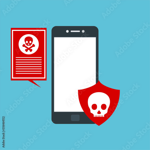 Hacking phishing attack. Flat vector illustration of Virus notification on the smartphone and hack protection system for web banners, web sites, printed materials, etc.