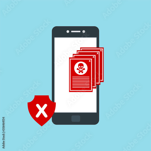 Hacking phishing attack. Flat vector illustration of Virus notification on the smartphone and hack protection system for web banners, web sites, printed materials, etc.
