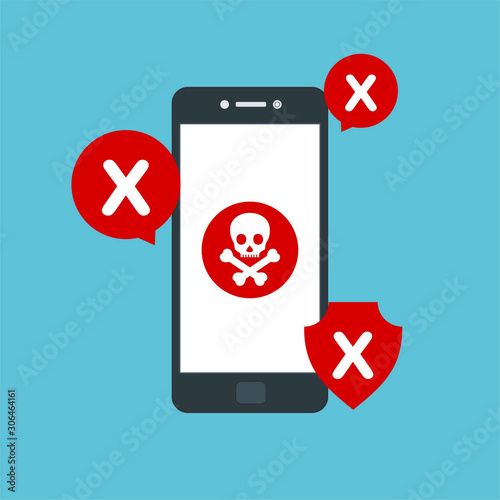 Hacking phishing attack. Flat vector illustration of Virus notification on the smartphone and hack protection system for web banners, web sites, printed materials, etc.