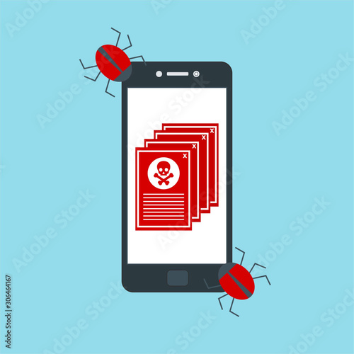 Hacking phishing attack. Flat vector illustration of Virus notification on the smartphone and hack protection system for web banners, web sites, printed materials, etc.