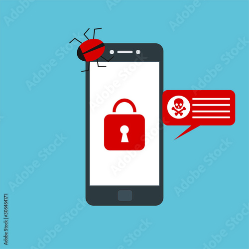 Hacking phishing attack. Flat vector illustration of Virus notification on the smartphone and hack protection system for web banners, web sites, printed materials, etc.