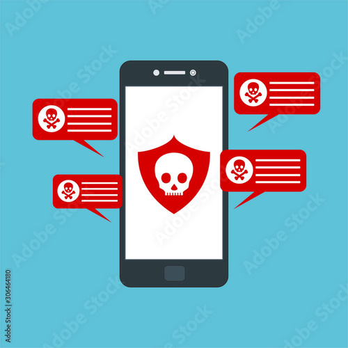 Hacking phishing attack. Flat vector illustration of Virus notification on the smartphone and hack protection system for web banners, web sites, printed materials, etc.