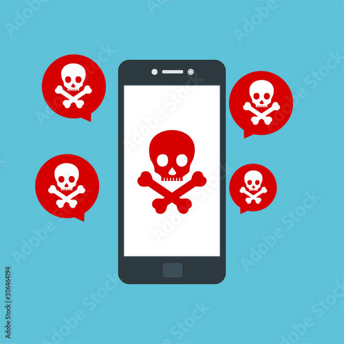 Hacking phishing attack. Flat vector illustration of Virus notification on the smartphone and hack protection system for web banners, web sites, printed materials, etc.