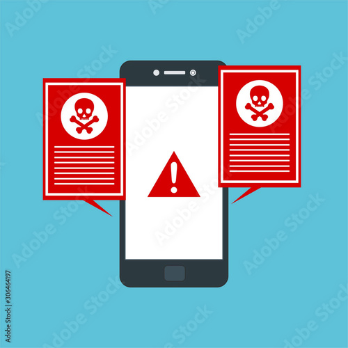 Hacking phishing attack. Flat vector illustration of Virus notification on the smartphone and hack protection system for web banners, web sites, printed materials, etc.