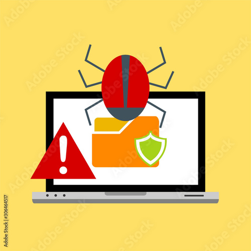 Laptop virus alert. Malware trojan notification on computer screen. Hacker attack and insecure internet connection vector concept. Illustration of internet virus malware