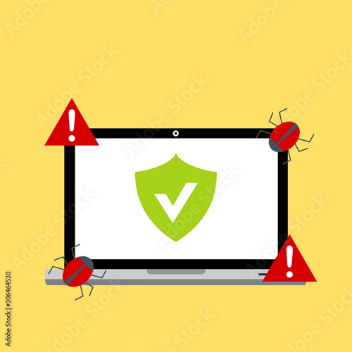 Laptop virus alert. Malware trojan notification on computer screen. Hacker attack and insecure internet connection vector concept. Illustration of internet virus malware