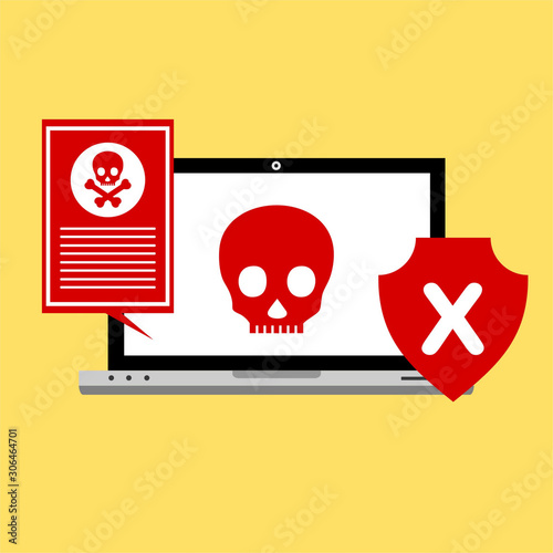 Malware notification on laptop vector illustration, flat style computer with skull bones bubble speech red alert, concept of spam data, fraud internet error, insecure connection, online scam, virus
