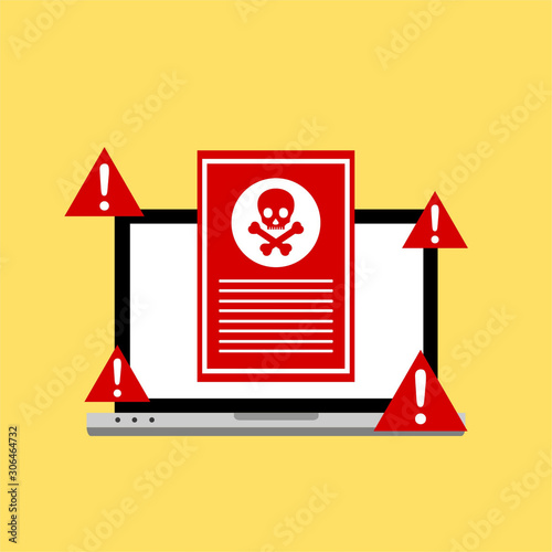 Malware notification on laptop vector illustration, flat style computer with skull bones bubble speech red alert, concept of spam data, fraud internet error, insecure connection, online scam, virus