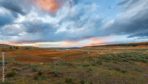 Panoramic view of Lamar Valley and Lamar River at sunset.Yellowstone National Park.Wyoming.USA