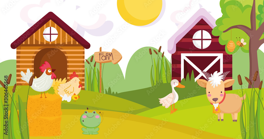 goat duck rooster hen chicken house barn farm animals