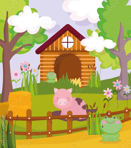 pig in mud frogs hay house trees fence farm animals