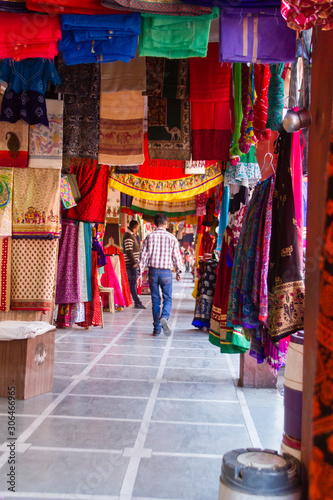 Jaipur, India, 11th January 2017 - A cloth market in Jaipur, Rajasthan, India