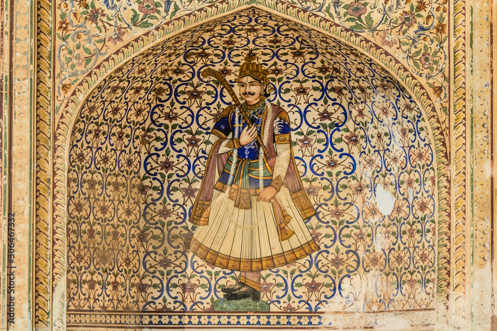 A fresco  of a Rajput warrior at the Palace School Gate in Jaipur, India.