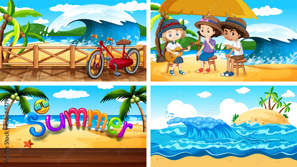 Four background scenes with children on the beach