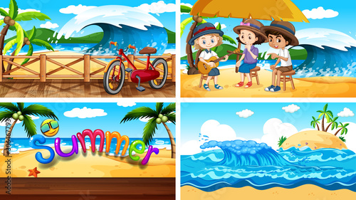 Four background scenes with children on the beach