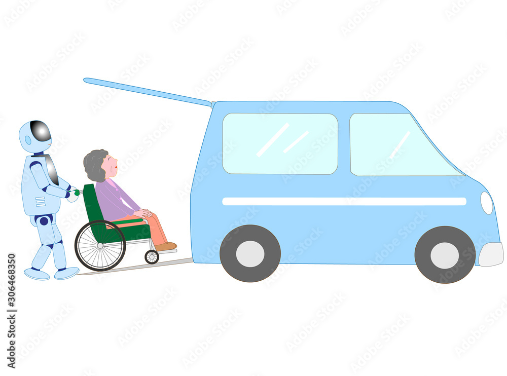 人工知能を持ったロボットが、車椅子の高齢者を福祉用の車に乗せている。