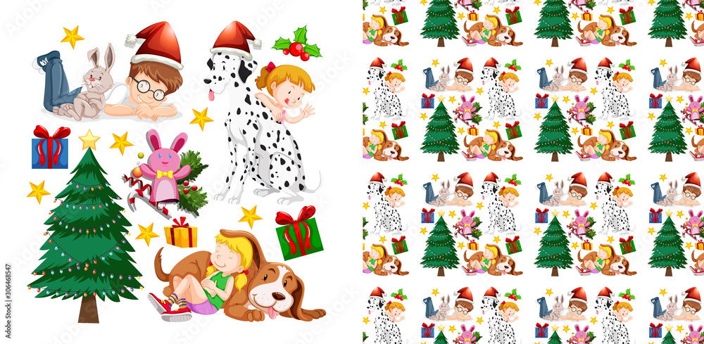 Seamless background design with kids and christmas tree