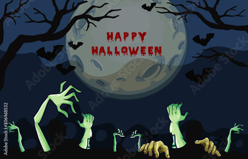 Halloween night poster design with zombie hands